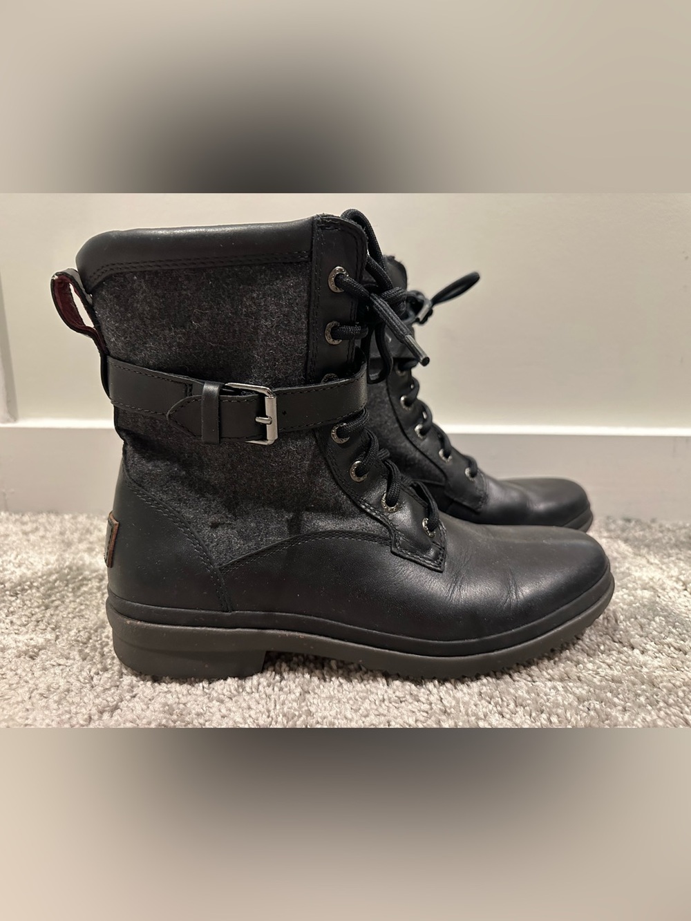UGG Black Lace-Up Combat Boots with Felt Panels and Buckle